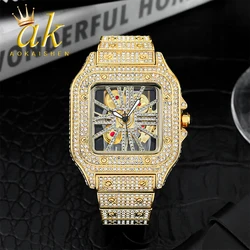 Aokaishen Iced Out perspective mechanical watches Stainless Steel Wristwatches for men Full Stones Zircon Quartz Square Gift