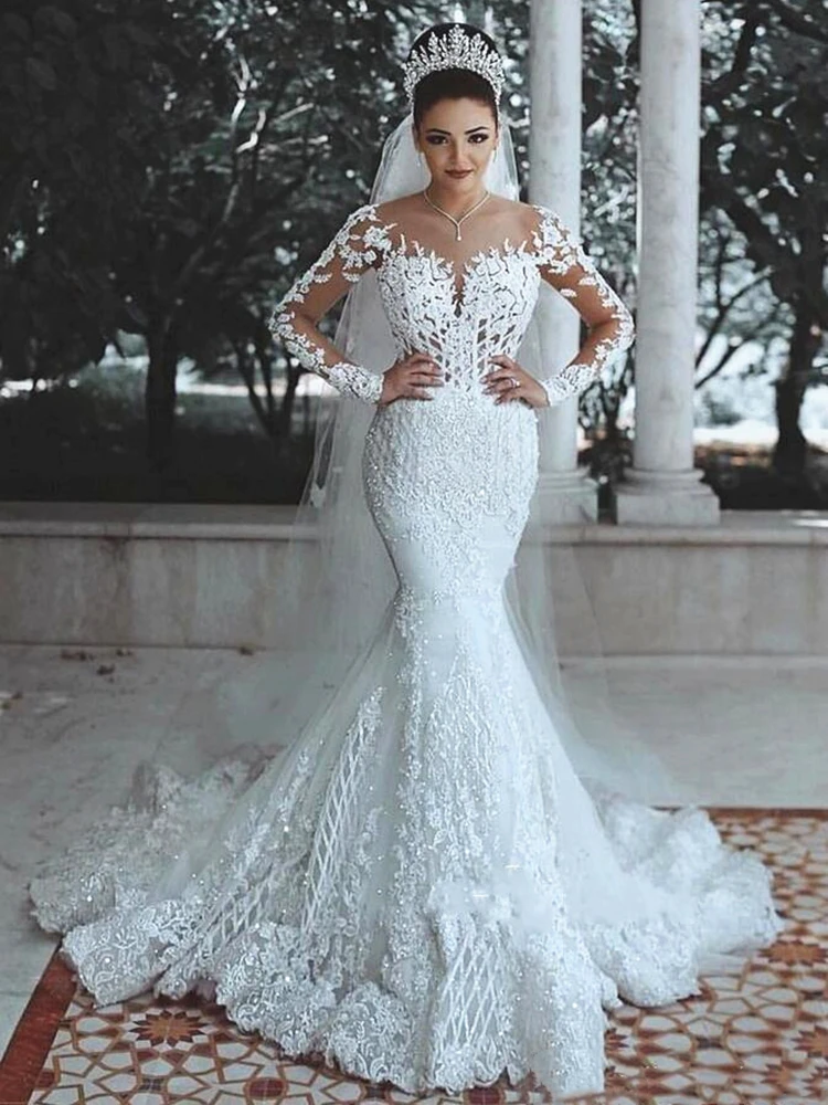 

Sparkly Lace Wedding Dress Mermaid Illusion Bodice vestido de noiva Long Sleeve Sheer Neck Appliques Bridal Gowns 2022 Spring