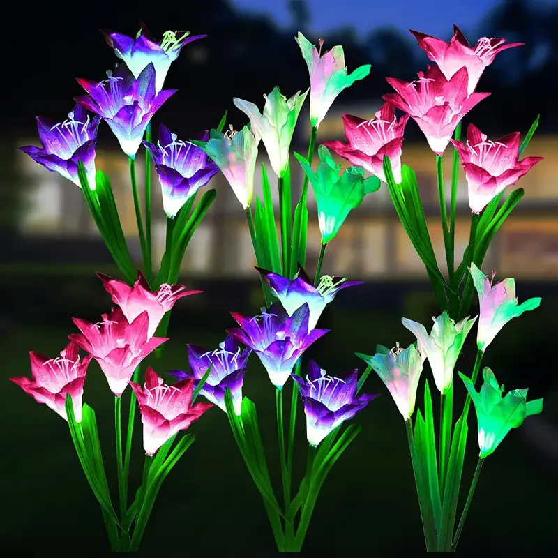 Solar Lily Lights 7-Colors Changing LED Garden Stakes Lawn Decor Auto Charging & Working 4 Head Lily Ground Plug-in Lights 1004