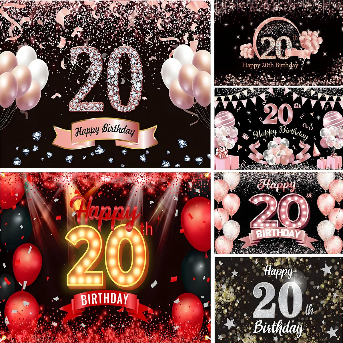 Happy 20th Birthday Backdrop Banner Red and Black 20 Years Old Decoration Photography Background Party Supplies Studio Props