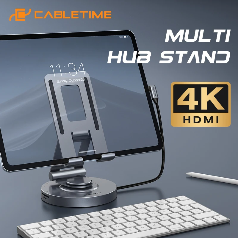 

CABLETIME 8 in 1 Multi USB C Hub to 4K60Hz HDMI 360 Rotating Stand 100W 5Gbps Transfer SD TF Reader for Tablet iPad Pro Air C441