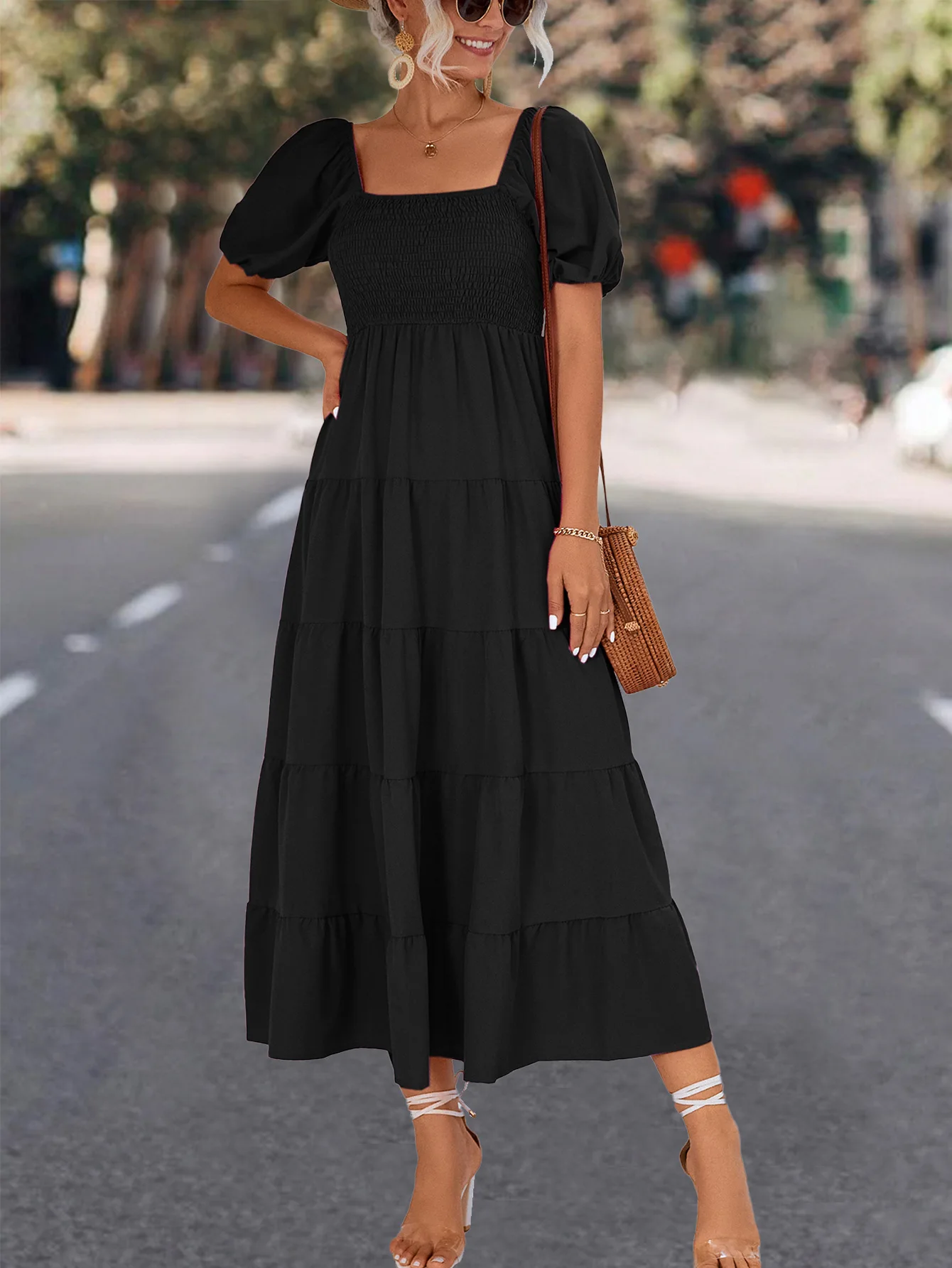 Women Solid Color Dress Square Neck Dress Puff Sleeve Fold Design Dress Casual Street Elegant Dress Women Loose Cake Dress