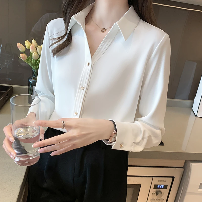 Korean Fashion Women Silk Shirts Satin Blouses Women Long Sleeve Shirts Tops Woman White Shirt Blouse Woman V-neck Ladies Shirt