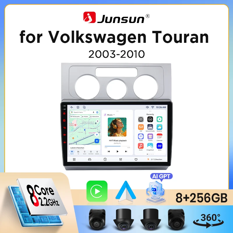 Autoradio Junsun sans fil CarPlay Android Auto pour Volkswagen (VW) Touran Mk1 (1T1/1T2) 2003-2010 avec ventilateur de refroidissement intégré, navigation GPS Android, lecteur multimédia, WiFi, DSP,