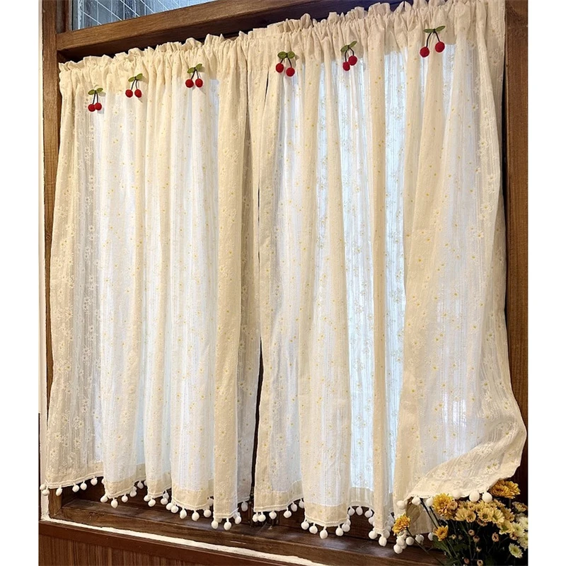 Nordic Beige Cotton Linen Lace Daisy Fabric Bedroom Bay Window Short Curtains For kitchen Cabinet Drapes Door Decor Curtains