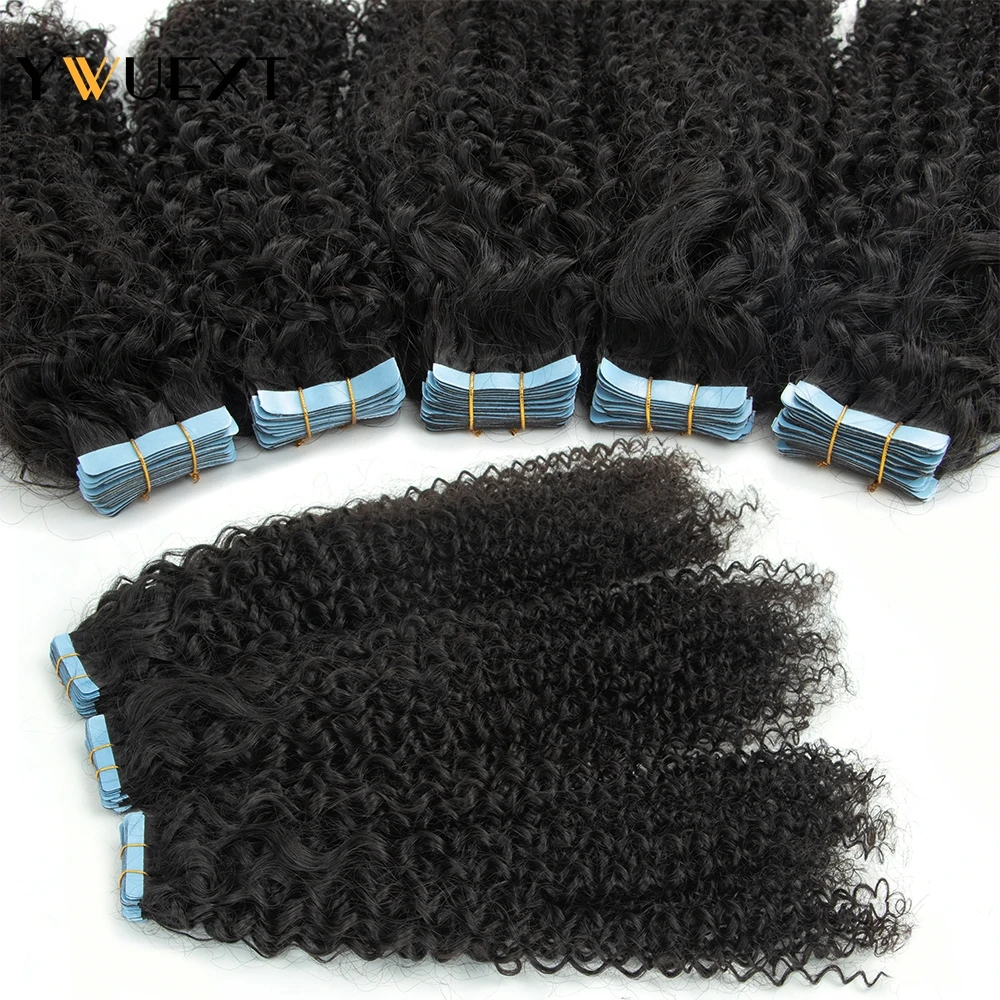 YWUEXT Kinky Curly เทปต่อผมมนุษย์ 10 "-24" Afro Curl Remy ผิว Weft เทปธรรมชาติสี