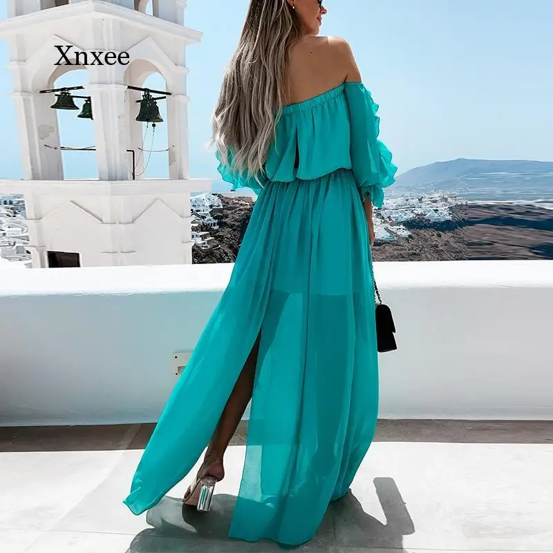 Summer Fashion Ladies Slash Neck Slash and Floor Length Ruffle Maxi Dress Lace Up Casual Beach Solid Style Dress