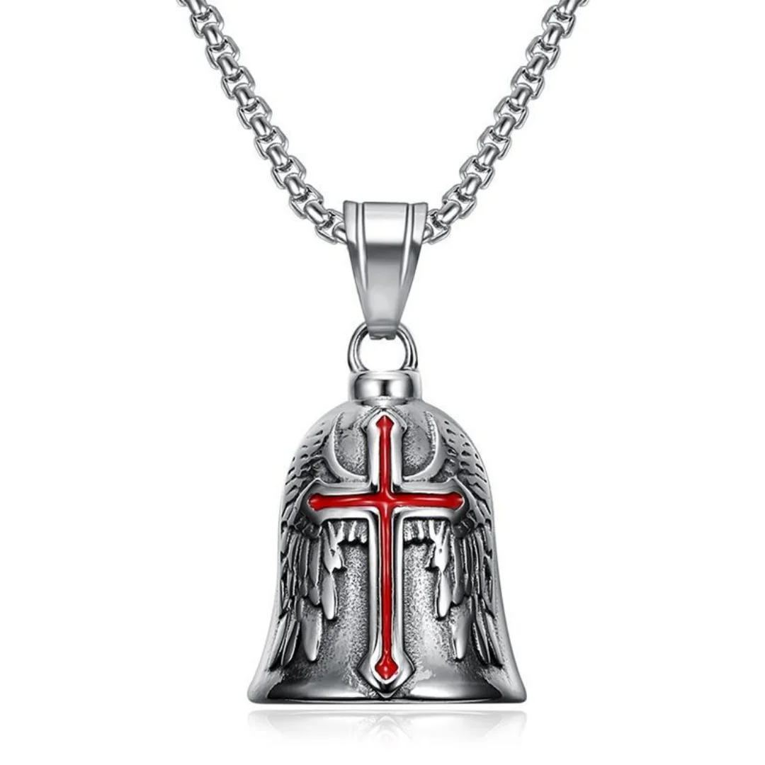 

New Punk Motorcycle Bell Angel Wings Cross Bell Pendant Stainless Steel Biker Necklace for Women Men Lucky Amulet Jewelry Gift