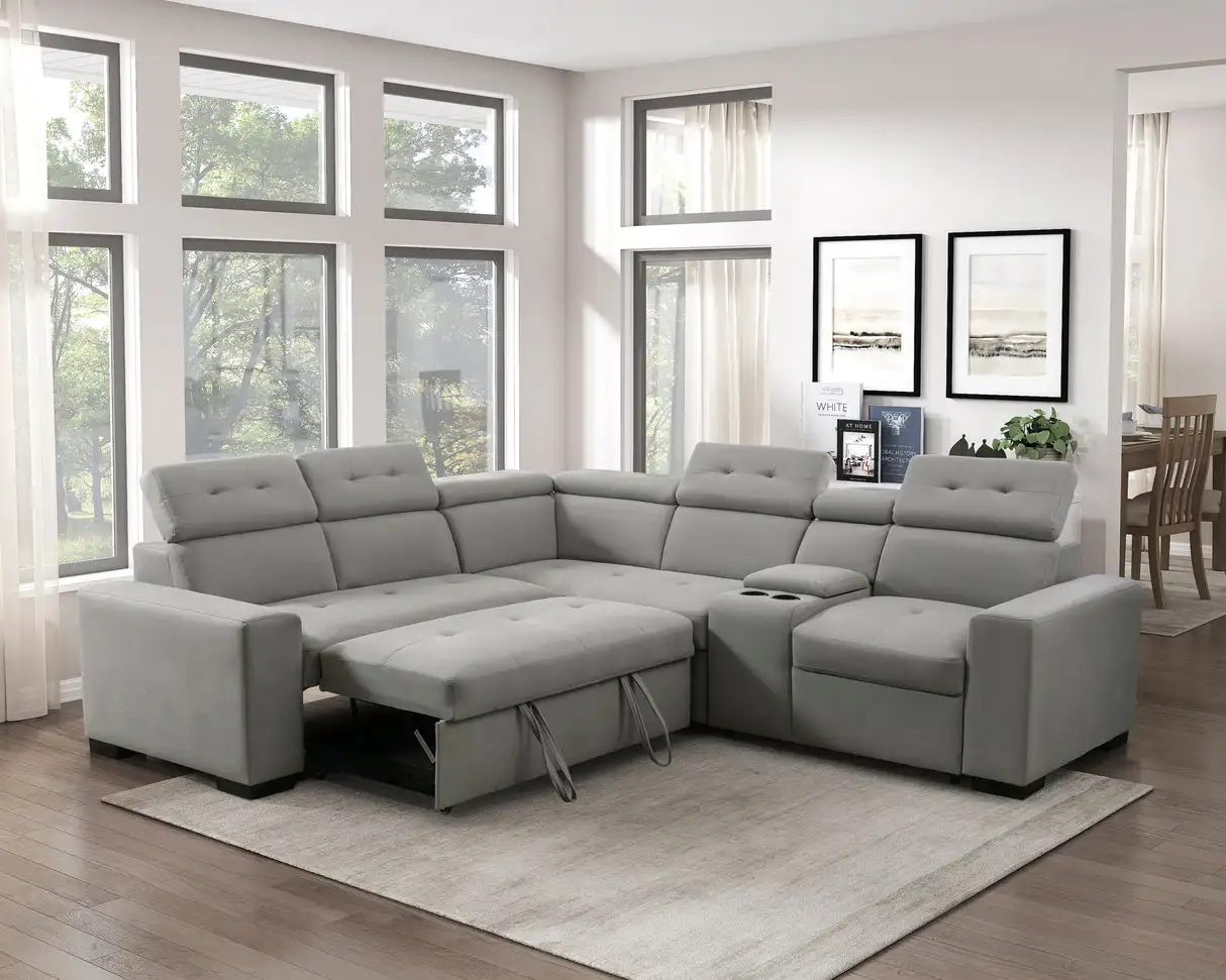 For NOVA Gray Fabric Sectional Sofa With Pull-out Bed & Adjustable Headrest Modern Living Room Corner Modular Couch Sofa Bed
