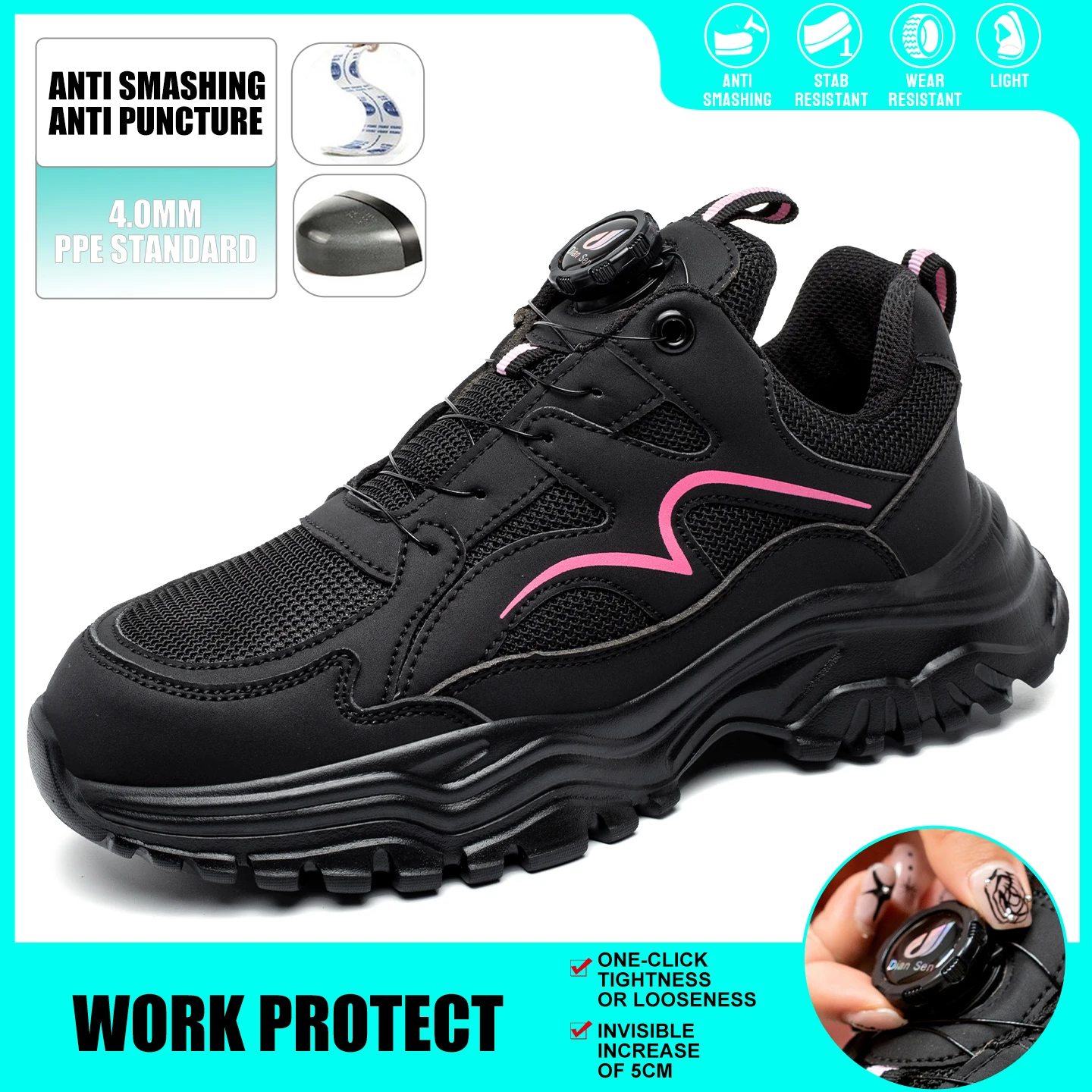 النساء أحذية أمان الصلب تو الأحذية الروتاري زر أحذية عمل زلة مقاومة أحذية عمل غير قابلة للتدمير مكافحة سحق أحذية رياضية