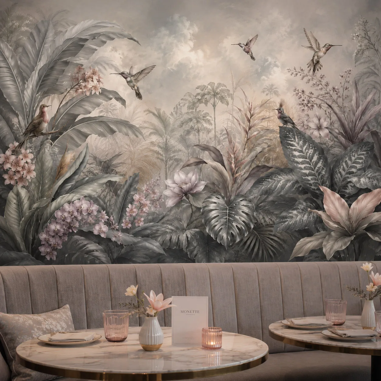 Vintage Tropical Botanical Hummingbird Wall Mural Wallpaper, Gray Sage Floral Jungle Living Room Bedroom Decor Non Self Adhesive