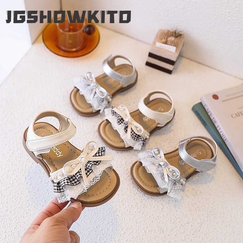 JGSHOWKITO Summer Girl Lace Flat Sandals Pleated Ruffled Edge Kids School Princess Shoes Non-slip Children Open-toe Beach Sandal