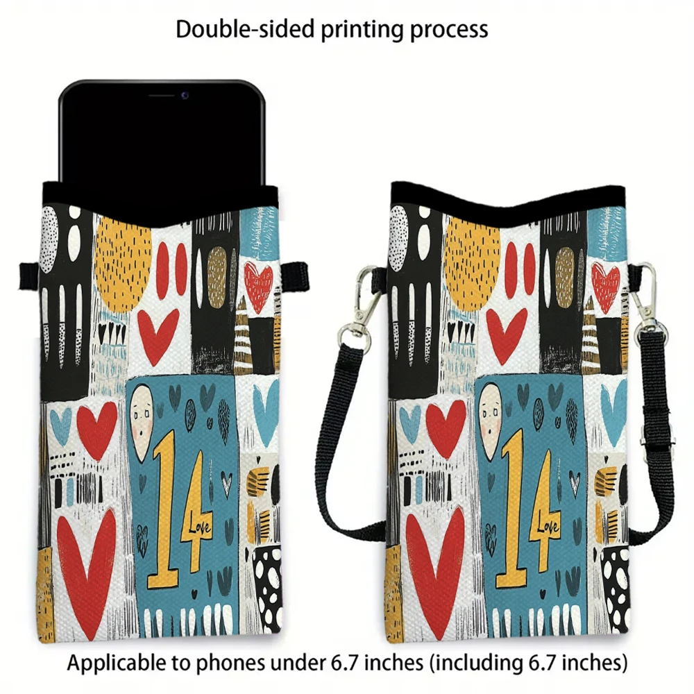 Heart-shaped Geometric Graffiti Phone with Lanyard, Exquisite Pattern Print Crossbody Bag Fabric Shoulder Bag Phone Case1.2