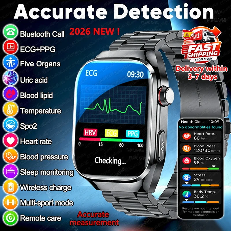 Nouvelle montre connectée de santé IA ECG de qualité infirmière 2026 avec écran saphir de 2,04 pouces, moniteur de fréquence cardiaque, tension artérielle, lipides sanguins, acide urique et appels Bluetooth