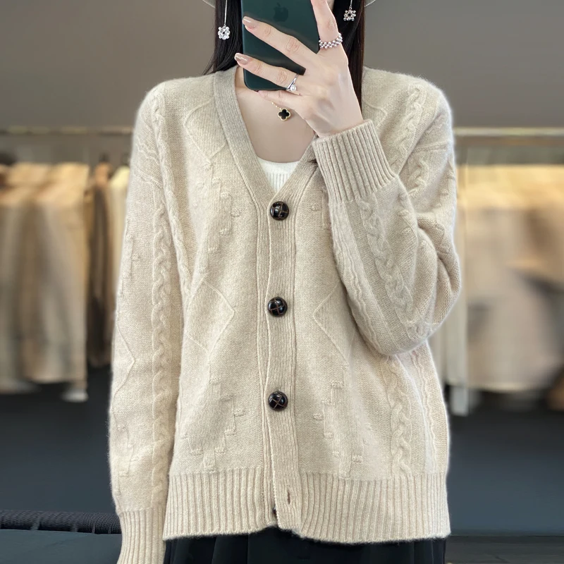 

Autumn and Winter Thick V-neck Sweater Cardigan 100% Merino Wool Jacquard Knitted Cardigan High Quality Korean Warm Knitted Top