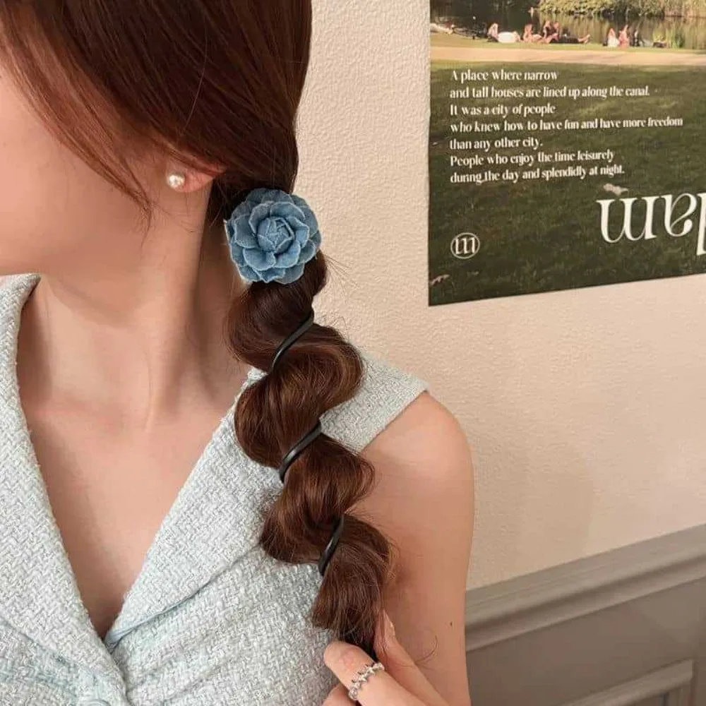 Denim Telephone Wire Hair Rope Candy Color Flower Bubble Braid Hair Tie Ponytail Holder Elastic Spiral Coil Hairbands Girls