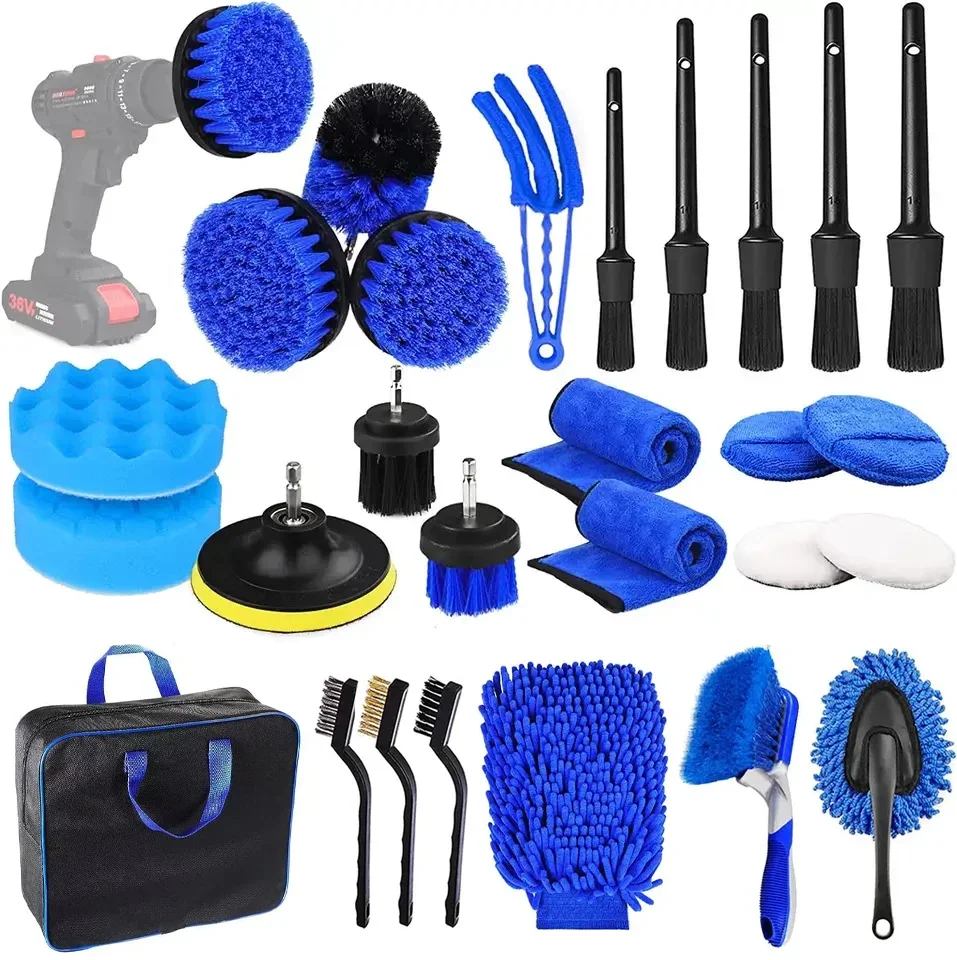 26-teiliges blaues Auto-Detailing-Set, All-in-One-Reinigungsset für Räder, Innenraum, Außenbereich, Leder, Armaturenbrett, Lüftungsschlitze, Autopflege-Werkzeuge