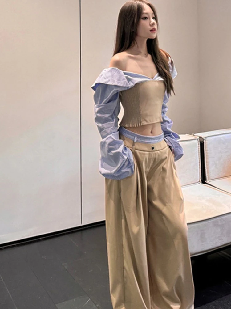 

Spring Season Women's oulder Bared Wide Leg Pants Set Faionable Outerwear Two-Piece Suit Casual Streetwear Sle