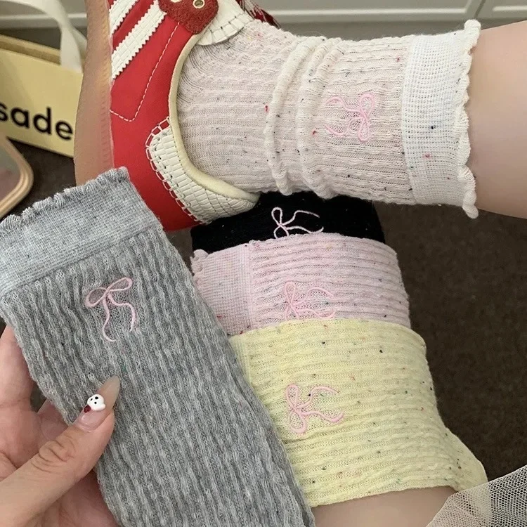 

5Pairs Summer Thin Bow Embroidered Grey Stacking Socks Ins Summer Thin Point Yarn Lace Socks