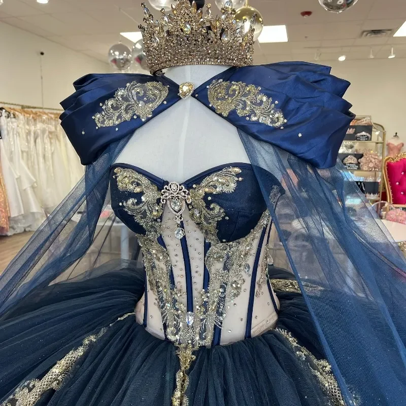 Opravdový malba námořnictvo modrá quinceañera šaty s pelerína kněžna sladké 14 16 dívčí narozeniny večírek ples talár vestidos de 15 gotický