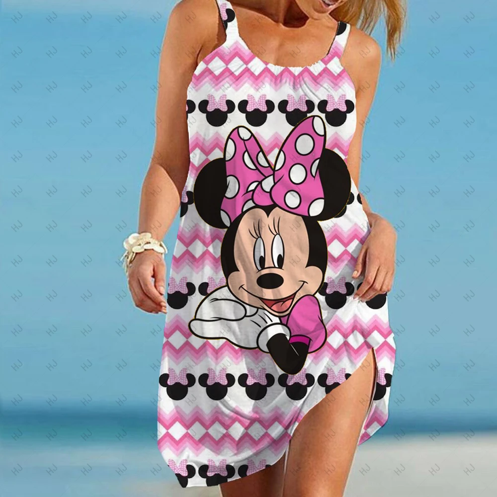 

Sexy Disney Minnie Mickey Women Bohemian Outing Beach Casual Mini Dress Camisole Goofy 3D Print Party Evening Dresses Boho Strap