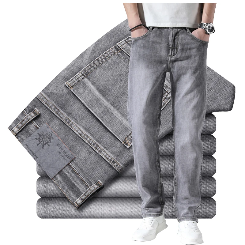 2024 Cotton Stretch Jeans Business Casual Men\'s Thin Denim Jeans Grey Spring Summer Brand New Fit Straight Lightweight