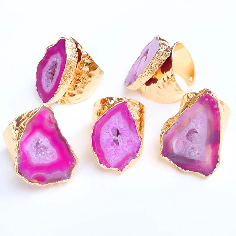 

OUENGE Natural Stone Rings OG2025 Irregular Geode Genuine Stone Hole Open Purple Crystal Ring for Women Adjustable 1pcs Random
