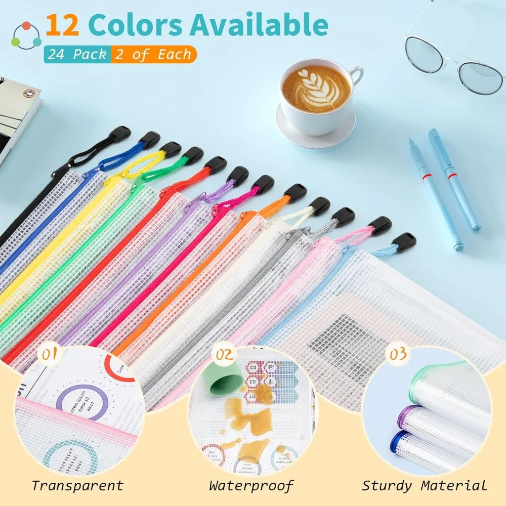 24 عبوة من أكياس بسحاب مكونة من 12 لونًا للتنظيم، وحجم الحروف، وحجم A4، وحقائب بسحاب لتخزين ألعاب اللوحة، ومستلزمات المكتب