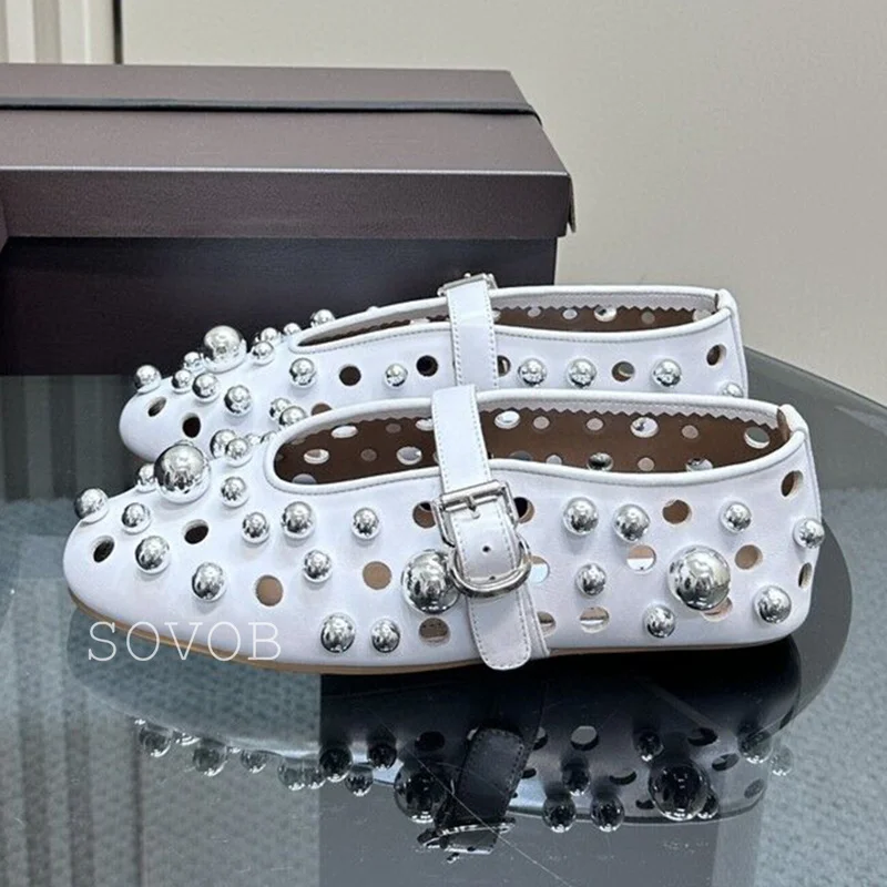 Spring Autumn Genuine Leather Shallow Mouth Metal Bead Decorative Flat Shoes Women's Belt Buckle Breathable Ballet Dance Shoes