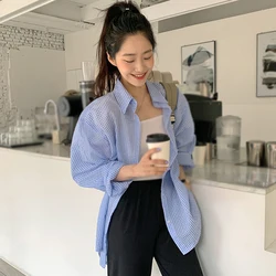 Women's Spring Summer Sunscreen Long Sleeves Shirt Loose Shirt Lazy Style Loose Casual Single Breasted Turndown Collar Plaid