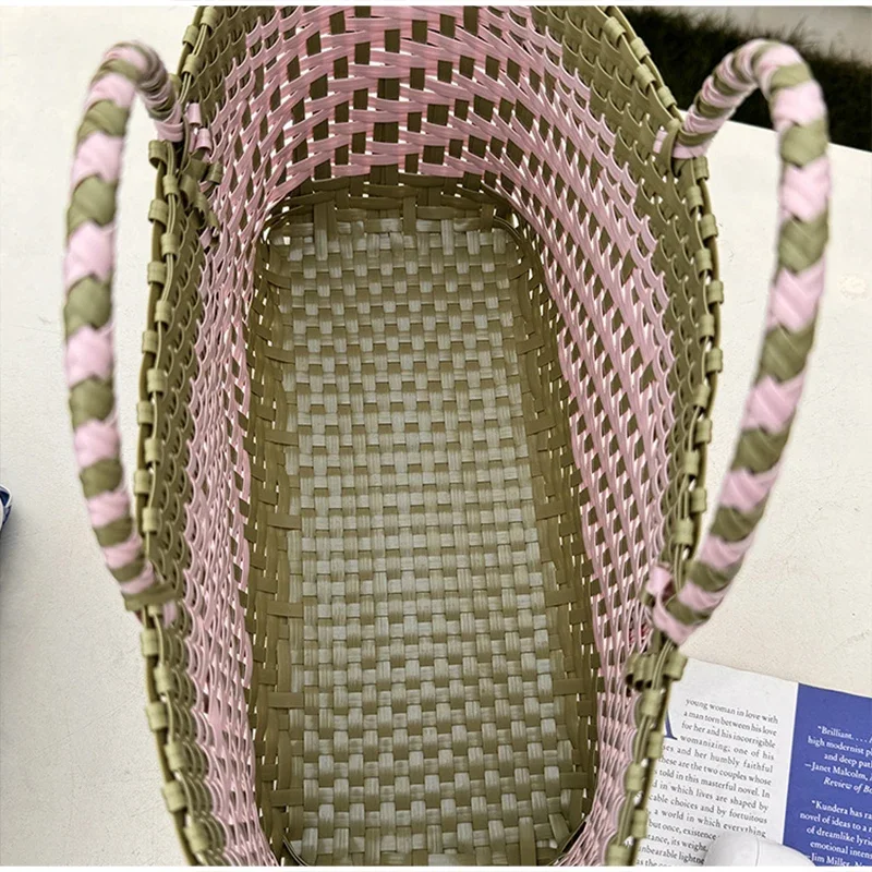 Handgefertigte Colorblock-Webtasche, Damen-Sommer-Tragetasche, Sommer-Einkaufstasche für Strandurlaub, Picknick, Haustiertransport – Detail 4