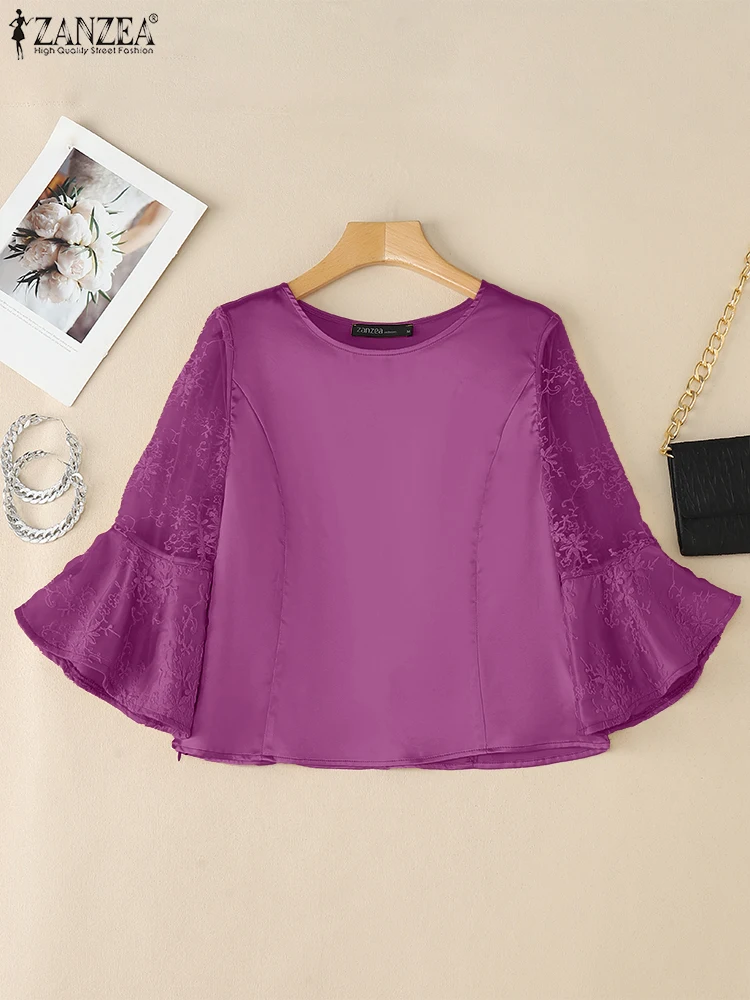 

ZANZEA женские блестящие атласные Blusas Mujer элегантные 3/4 расклешенные рукава вышитые тюлевые лоскутные модные блузки с круглым вырезом сорочка Femme