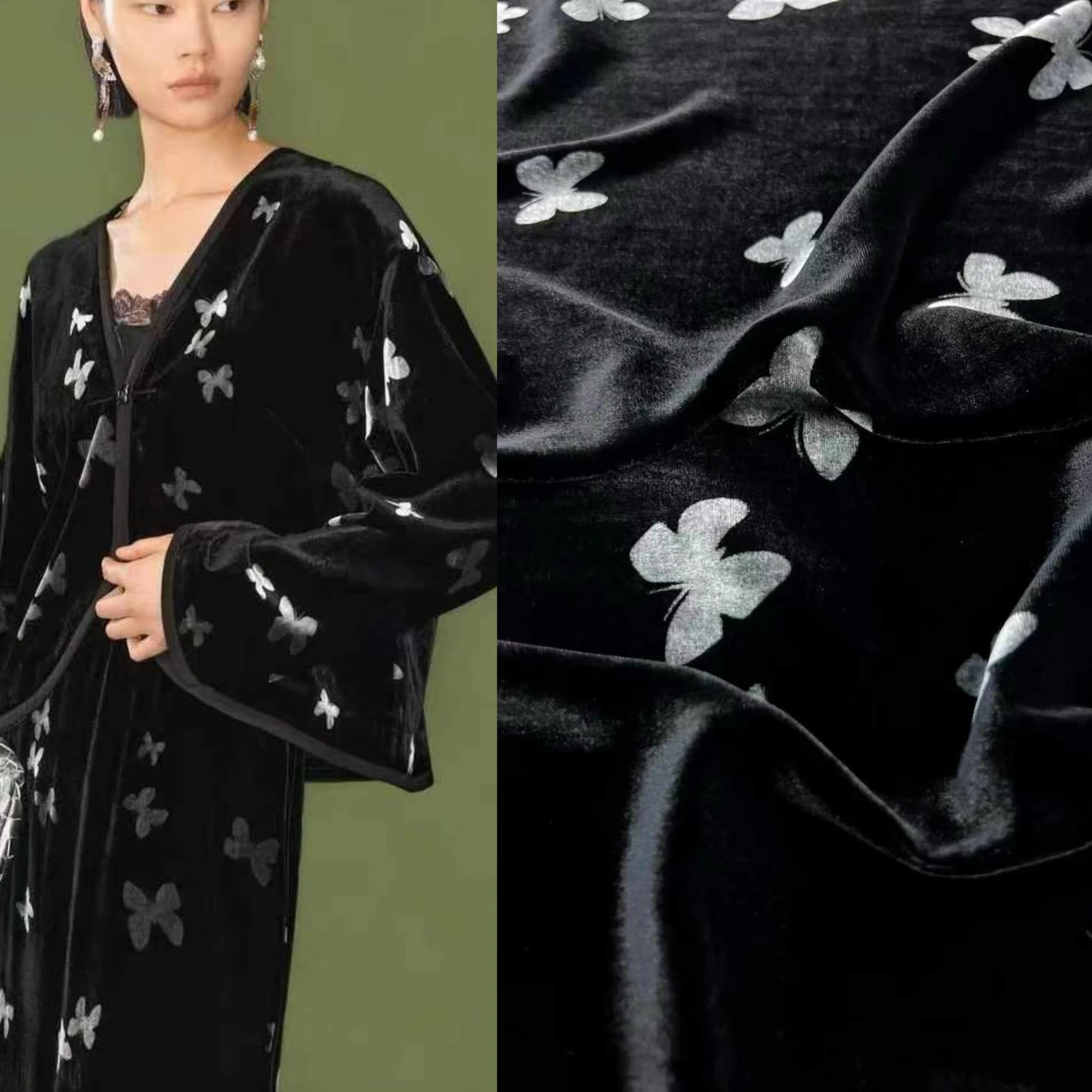 

Черная шелковая бархатная ткань с принтом бабочки, осеннее и зимнее платье, платье Cheongsam, утолщенная ткань без заливки бархата