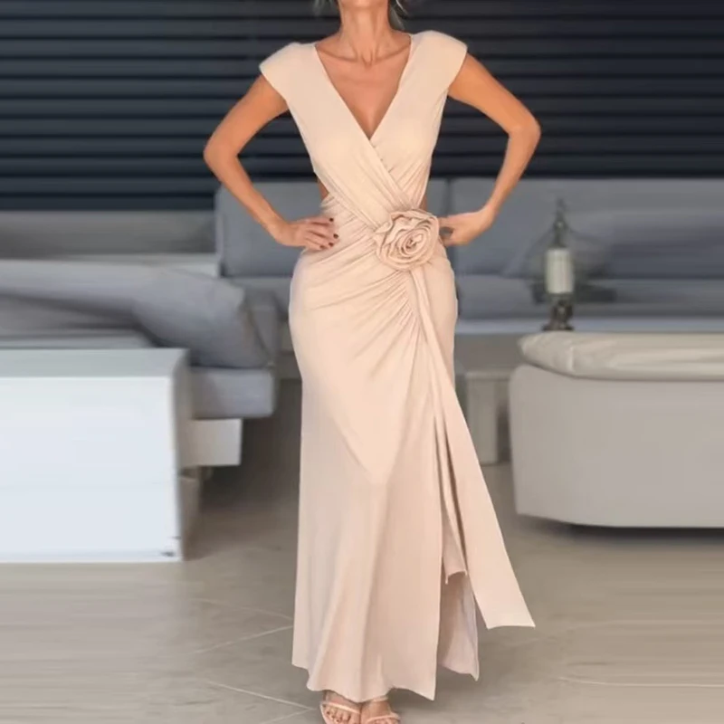 

Ladies Deep V Rose Patchwork Party Dress Elegant High Waist Pleated Split Long Dress Casual Spring Summer Solid Holiday Dresses