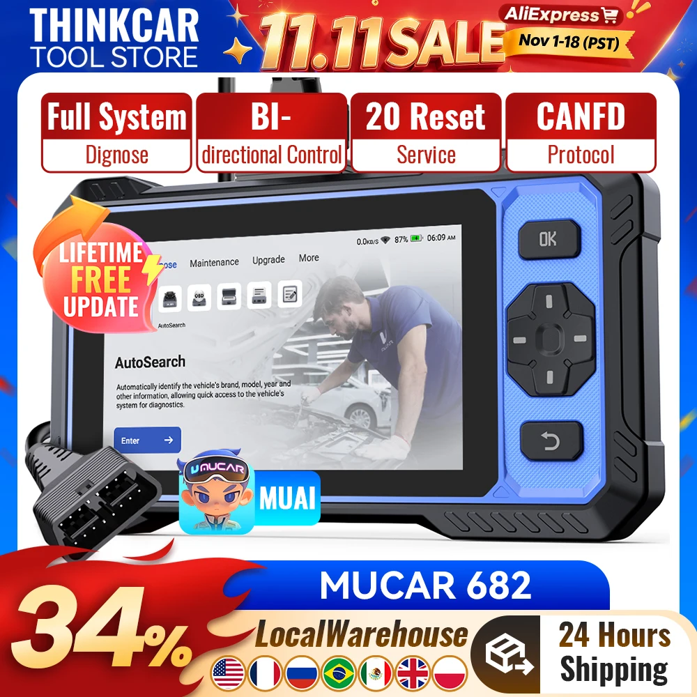 MUCAR 682 AI Diagnostic Tools  Full System OBD2 Scanner 20 Reset Lifetime Free Update BI-Directional Control MUCAR  Scan Tools