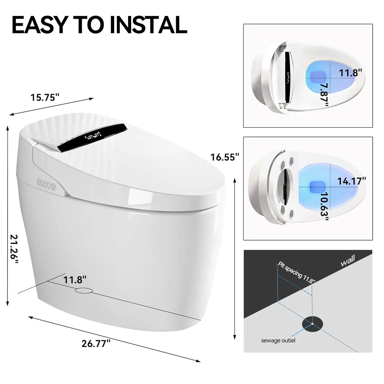 Smart Toilet with Heated Bidet Seat – Intelligent Auto Open/Close Toilet with Warm Water Wash, Dryer & Hands-Free, Customized