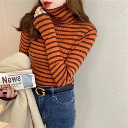 Women's Clothing Autumn Winter Striped Contrast Color Pullover Sweater Turtleneck Knitted Long Sleeve Elegant Casual Tops