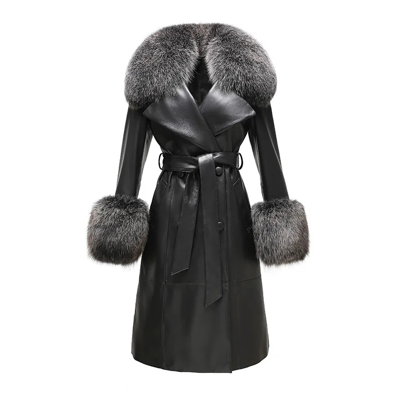 2023 New Genuine Sheepskin Leather Coat Lady Winter Long Trench Coats Fox Fur Collar Cuff Luxury Windproof Belt Overcoat GT5078