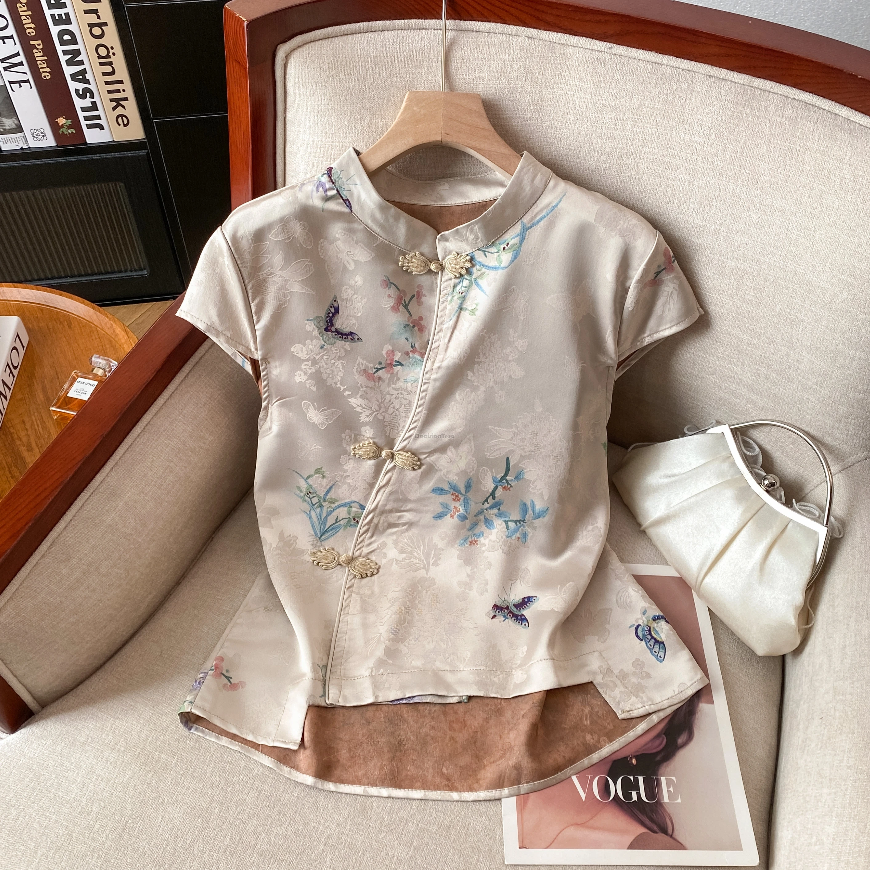 

2025 new chinese style stand collar short sleeve printed cheongsam shirt women summer elegant loose style tang suit blouse t001