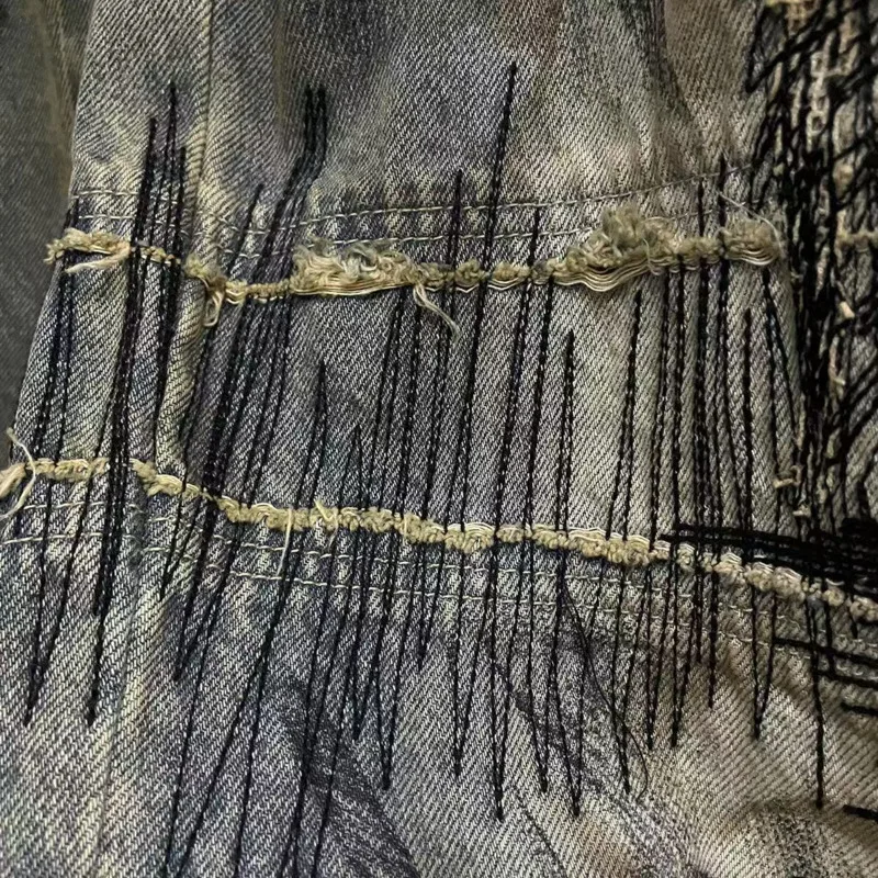 ANJY 가을 새로운 여성 아메리칸 레트로 streetwear 세련된 디스트레스드 청바지 캐주얼 트렌디 오리지널 비대칭 자수 바지 a7161