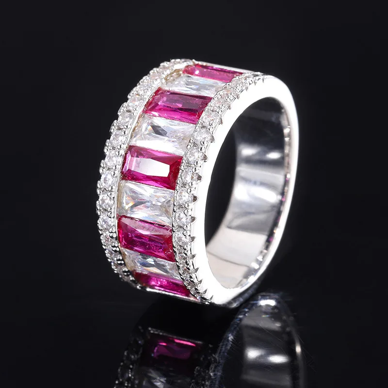 Online Red Hot S925 Full body Silver Ring Popular Women's Red Treasure Blue Treasure Women's Advanced Texture 3 * 6 Diamond Set