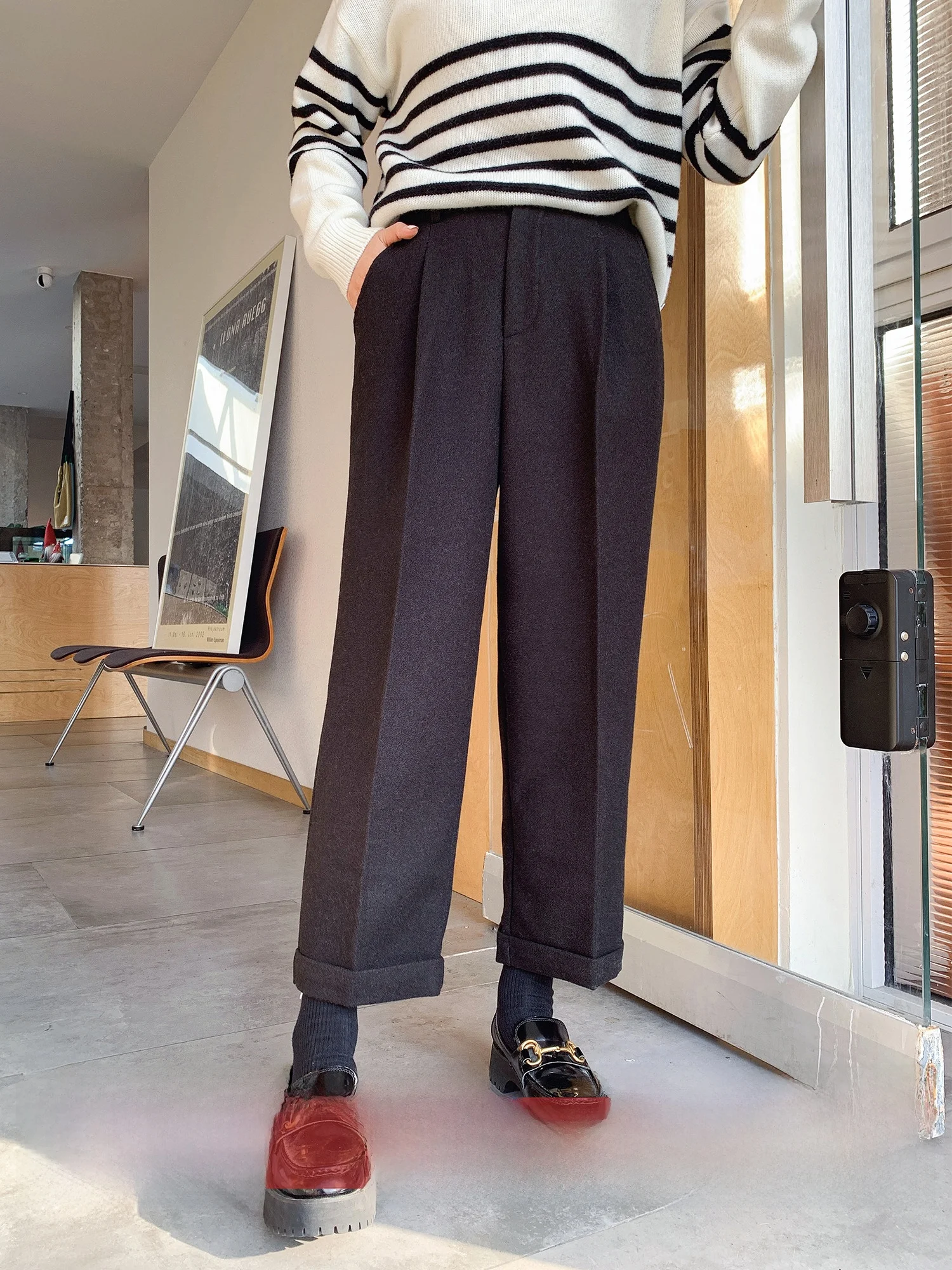 

1031 6 Styles Casual Handsome 3 Color Straight Loose Slimming Turn up Woolen Wide Leg Boot Pants Women's Autumn Winter Trousers