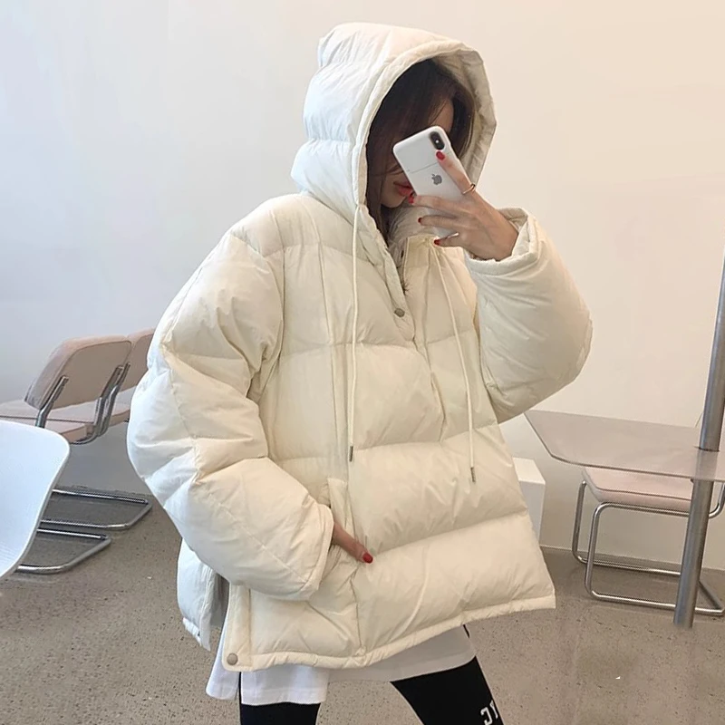Jaqueta de Inverno Retro Chic para Mulheres, Casual, Solta, de Manga Longa, com Capuz, Zíper e Fenda Lateral, Versátil e Conf...