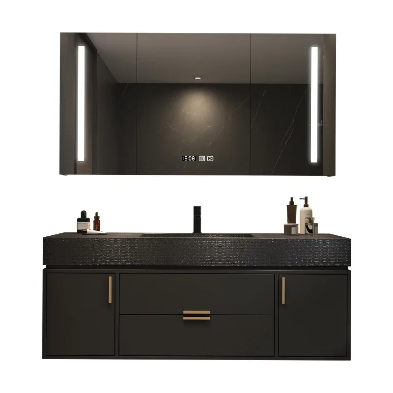 Customized Rock Panel Bathroom Cabinet Integrated Basin, Solid Wood Ceramic Basin Combination