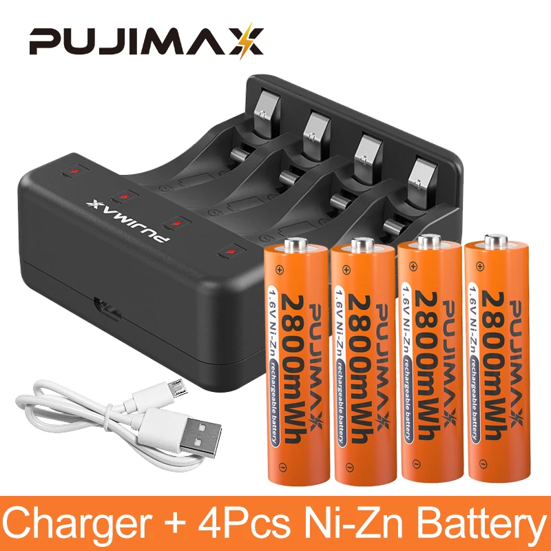 PUJIMAX 4-Slot Ni-Zn Battery Charger and New Rechargeable Ni-Zn Battery AA 1.6V 2800mWh High Capacity Battery For Flashlight Toy