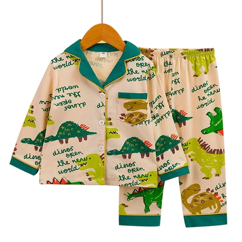 Children's Spring Pajamas Set Cute Cartoon Print Long Sleeve Lapel Soft Sleepwear for Boys Girls Baby Casual Loose Homewear