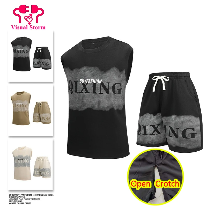 

Man Sport Sexy Open Crotch Pants with Double Hidden Zippers Elastic Loose Waist Trousers Crotchless Panties Set with T-Shirts