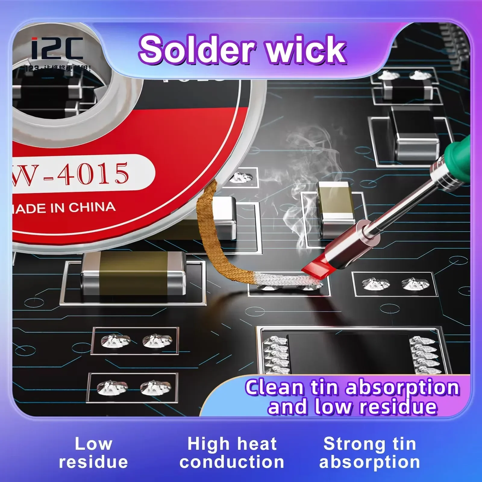 I2C سلك لحام 1015 1515 2015 2515 3015 3515 4015 بقايا منخفضة ديسولديرينغ سلك الفتيل أداة لإصلاح لحام إزالة القصدير PCB