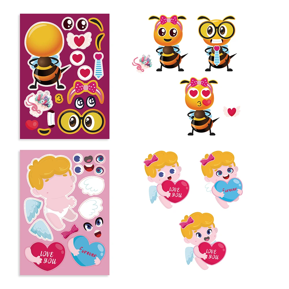 6/12Sheets Valentine\'s Day Puzzle Stickers Games Make a Face DIY Animal Angel Jigsaw Cute Cartoon Decal Children Educational Toy