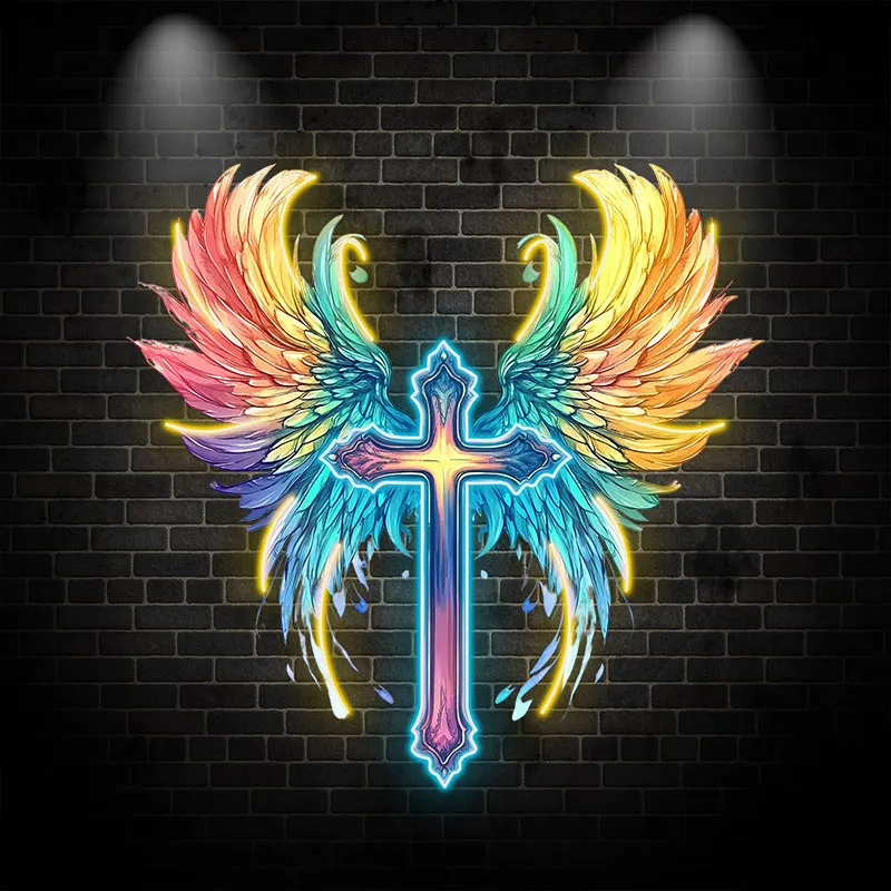 Blue & Yellow Cross With Angel Wings Custom LED Neon Sign, Creative Light Decor For Home Wall Hanging, Persinalized Night Light